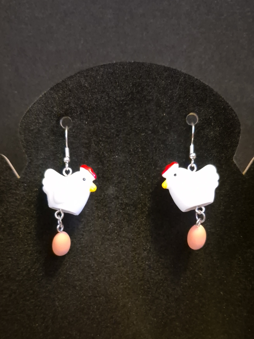 Cute Handcrafted Kitschy White Chicken Dangle Earrings with Brown Egg Charms